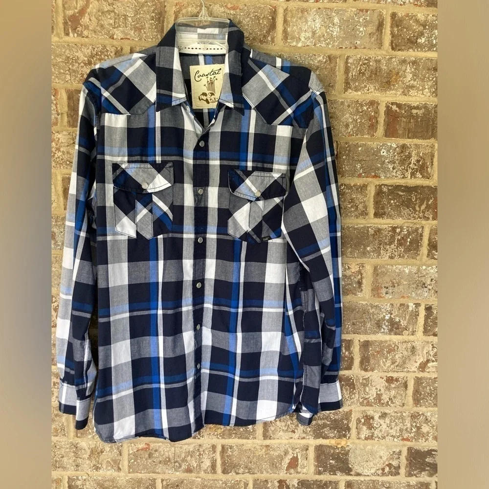 Coastal men’s pearl snap shirt size L blue & white plaid long sleeve Vintage